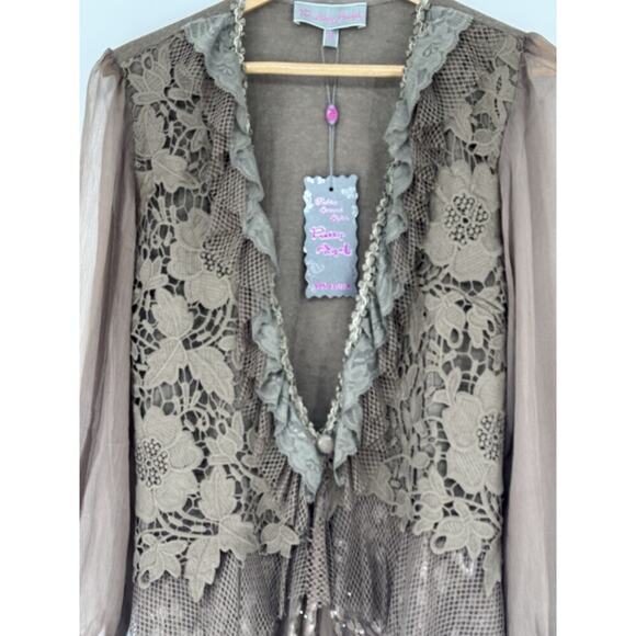 NWT Pretty Angel Blouse Jacket Womens M Lace Rhinestone Embroidery Gypsy Fairy - Picture 2 of 13
